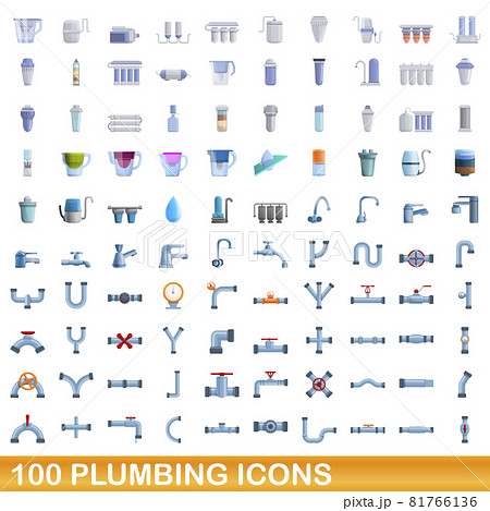 100 plumbing icons set, cartoon style 81766136