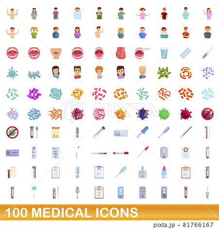 100 medical icons set, cartoon style 81766167