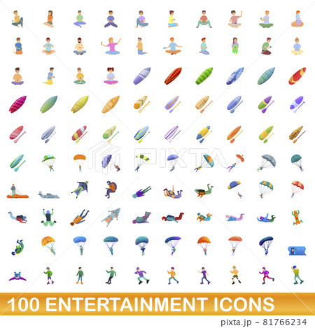 100 entertainment icons set, cartoon style 100 entertainment icons set, cartoon style 81766234