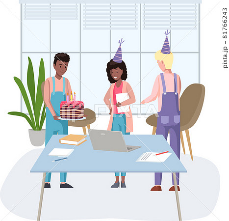 Birthday party, fun entertainment in office. Workers organize holiday, congratulate colleague 81766243