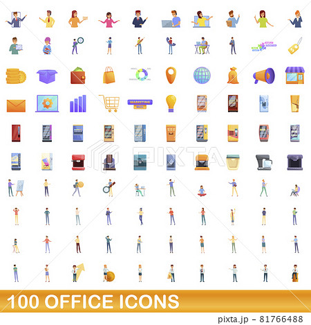 100 office icons set, cartoon style 100 office icons set, cartoon style 81766488
