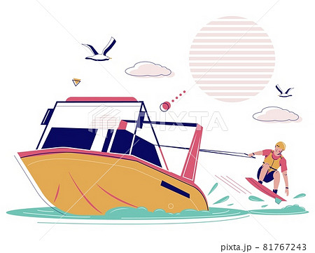 Man towed by motorboat riding wakeboard, vector illustration. Wakeboarding, extreme water sport and recreation. 81767243