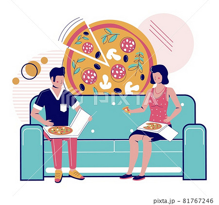 Happy couple eating takeaway pizza sitting on sofa at home, vector illustration. Fast food delivery. Pizza tasting. 81767246