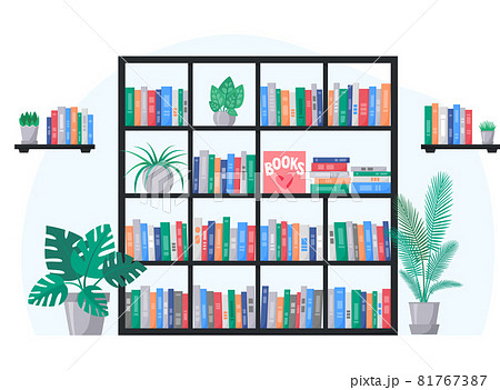 Bookcase and book shelves with collection of colorful books. Interior with home plants. Vector 81767387
