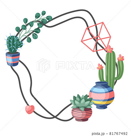 Frame with cactuses and succulents. Decorative spiky flowering cacti and plants in flowerpots. 81767492
