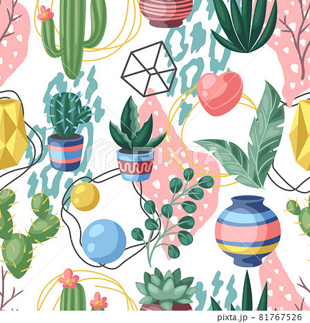Seamless pattern with cactuses and succulents. Decorative spiky flowering cacti and plants in flowerpots. 81767526