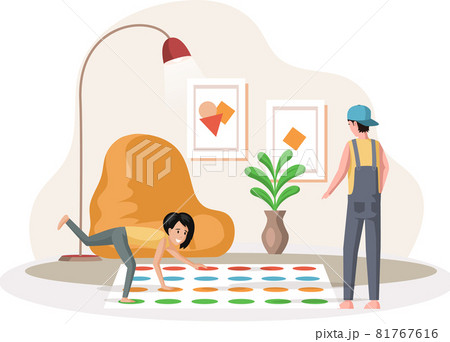 Father and daughter playing twister game. Man and woman happy family in everyday life at home Father and daughter playing twister game. Man and woman happy family in everyday life at home 81767616