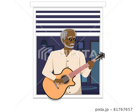 Fashionable elderly man plays musical instrument to audience, sings with guitar near an open window Fashionable elderly man plays musical instrument to audience, sings with guitar near an open window 81767657