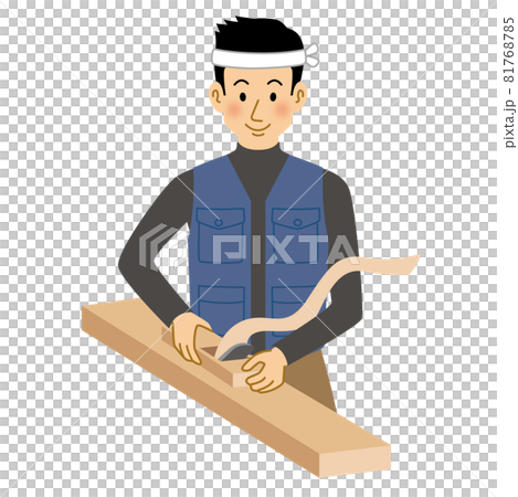 カンナを使う大工の男性のイラスト素材