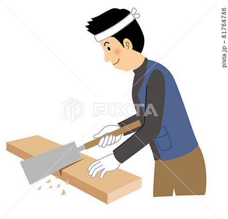 木をノコギリで切る大工の男性のイラスト素材