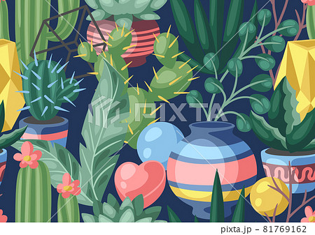 Seamless pattern with cactuses and succulents. Decorative spiky flowering cacti and plants in flowerpots. 81769162