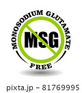 Vector stamp Monosodium Glutamate free, non MSG, no sodium additive in cosmetic, food, medical product. Round prohibited icon for packaging symbol 81769995