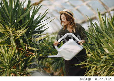 Woman in a green shirt working in a greenhouse Woman in a green shirt working in a greenhouse 81771412