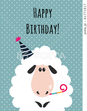 Happy Birthday Card with Fluffy Farm Sheep in Hat with Whistle as Holiday Greeting and Congratulation Vector Illustration 81771817