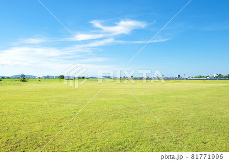 夏の午後の青い空と白い雲と公園の広大な芝生の風景 夏の午後の青い空と白い雲と公園の広大な芝生の風景 81771996