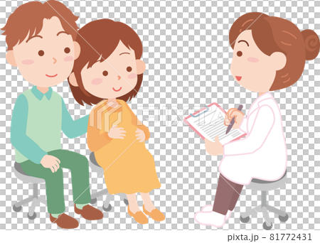 問診を受けるにこやかな表情の妊婦と夫 81772431