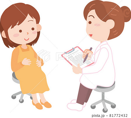 問診を受けるにこやかな表情の妊婦. 81772432