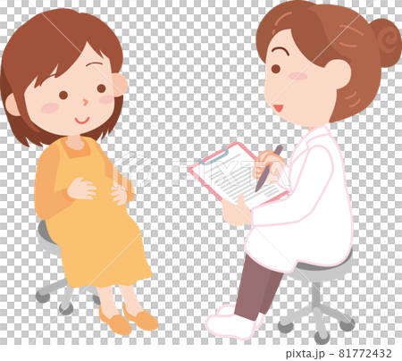 問診を受けるにこやかな表情の妊婦. 81772432