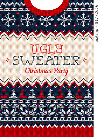 Ugly sweater Christmas party invite. Knitted background pattern scandinavian knitting ornaments. 81772656