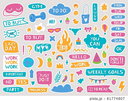 Cute planner stickers, diary or notebook trendy decor elements. Calendar reminders, quotes, daily or weekly planner doodle sticker vector set 81774807