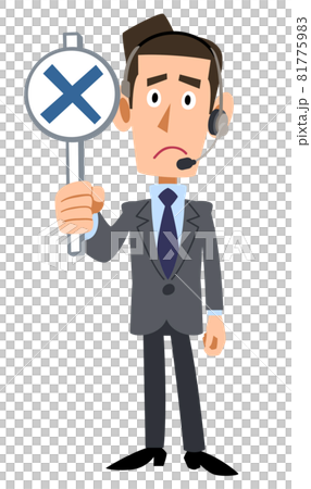 A male operator wearing a headset shows a bill with a cross on it A male operator wearing a headset shows a bill with a cross on it 81775983