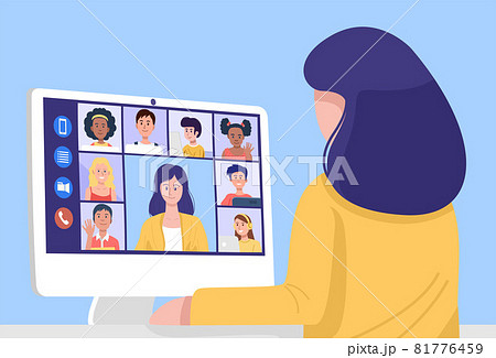 Online teaching concept, teacher giving online lesson on webcam from home. Vector Online teaching concept, teacher giving online lesson on webcam from home. Vector 81776459