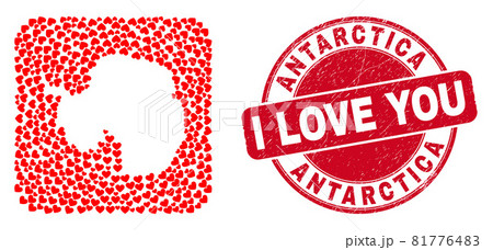 Love Scratched Stamp Seal and Antarctica Continent Map Lovely Heart Subtracted Mosaic 81776483