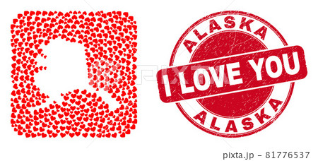 Love Grunge Badge and Alaska Map Valentine Heart Stencil Mosaic 81776537