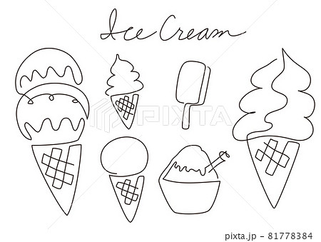一筆書き アイスクリームとソフトクリームとかき氷 白黒 モノクロ のイラスト素材