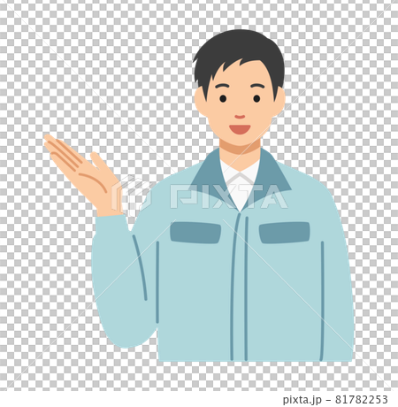 笑顔で案内する作業着の若い男性 81782253