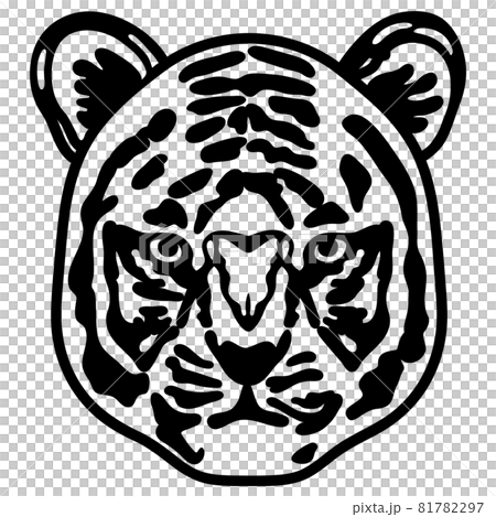 Black and white illustration of a tiger's face facing the front 81782297
