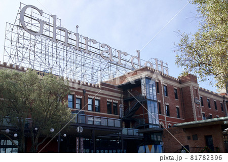 SAN FRANCISCO, CALIFORNIA, UNITED STATES - NOV 25th, 2018: Visitors in Ghirardelli Square. It's a famous landmark public square with shops and restaurants of San Francisco SAN FRANCISCO, CALIFORNIA, UNITED STATES - NOV 25th, 2018: Visitors in Ghirardelli Square. It's a famous landmark public square with shops and restaurants of San Francisco 81782396