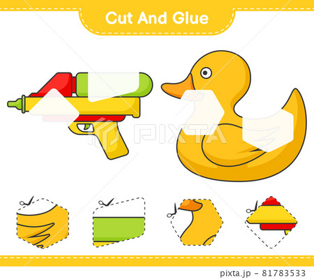 Cut and glue, cut parts of Rubber Duck and Water Gun. And glue them. Educational children game, printable worksheet, vector illustration Cut and glue, cut parts of Rubber Duck and Water Gun. And glue them. Educational children game, printable worksheet, vector illustration 81783533