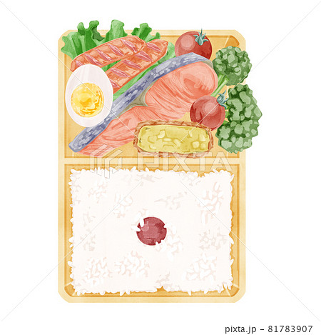 日本のシャケ弁当の手描き水彩風イラスト 81783907