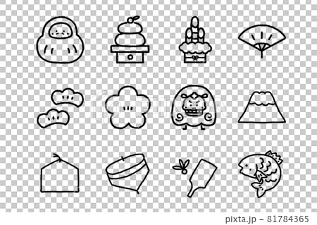 ゆるい！かわいい！お正月のモノクロアイコンセット 81784365