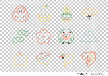 Loose! Cute! New Year's line drawing color icon set Loose! Cute! New Year's line drawing color icon set 81784366
