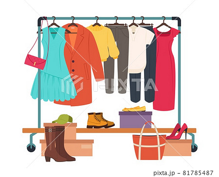Clothes hanging on rack, garment rail with casual women clothing. Fashion girl wardrobe, female clothes on hangers vector illustration 81785487