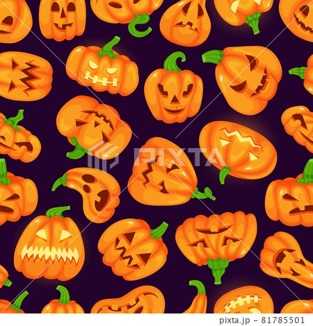 Cartoon funny halloween pumpkins with spooky faces seamless pattern. Cute glowing orange pumpkin, autumn holiday decoration vector background 81785501