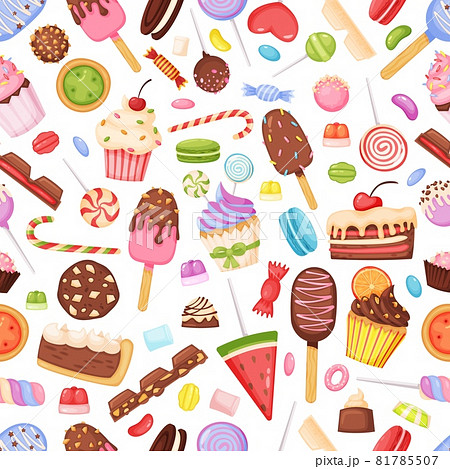 Cartoon sweets and candies, delicious desserts seamless pattern. Cupcake, chocolate, lollipop, ice cream. Bakery and confectionery background 81785507