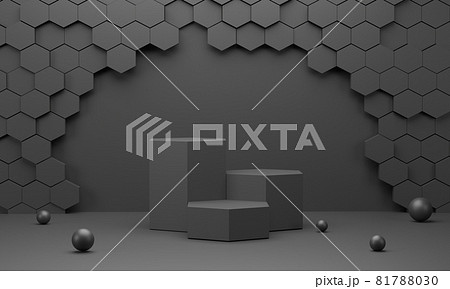 Podium hexagonal with black colored honeycomb wall background. for product display and black balls 81788030