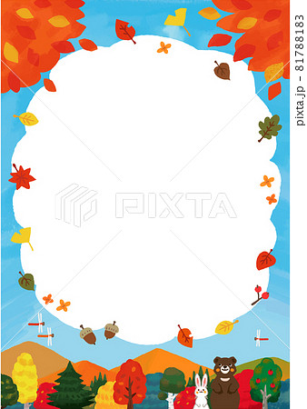 手描き風の可愛い秋のお山のフレーム縦 青空と葉っぱ のイラスト素材 8171