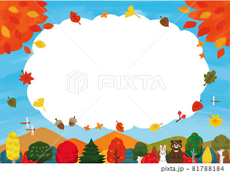 手描き風の可愛い秋のお山のフレーム横 青空と葉っぱ のイラスト素材