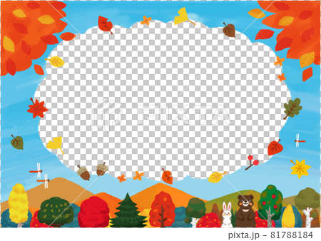 手描き風の可愛い秋のお山のフレーム横 青空と葉っぱ のイラスト素材