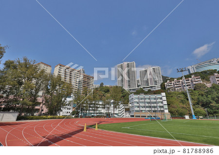 a Running track in a sports stadium, blue sky 81788986