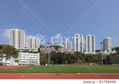 a Running track in a sports stadium, blue sky a Running track in a sports stadium, blue sky 81788988
