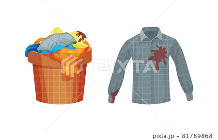 Spotted Shirt and Basket with Dirty Clothing with Stain for Laundry Vector Set Spotted Shirt and Basket with Dirty Clothing with Stain for Laundry Vector Set 81789868