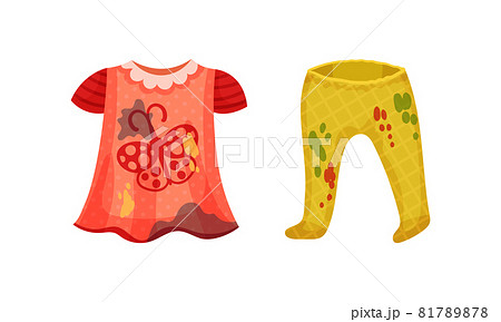 Spotted Kid Dress and Pants as Dirty Clothing with Stain for Laundry Vector Set Spotted Kid Dress and Pants as Dirty Clothing with Stain for Laundry Vector Set 81789878
