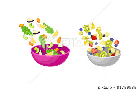Vegetarian Salad with Dropping in Bowl Ingredient Mix Vector Set Vegetarian Salad with Dropping in Bowl Ingredient Mix Vector Set 81789938