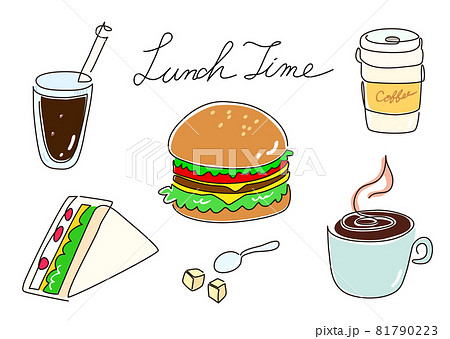 一筆書き　コーヒーとハンバーガーとサンドイッチ（カラー） 81790223