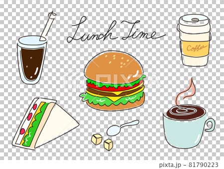 一筆書き　コーヒーとハンバーガーとサンドイッチ（カラー） 81790223